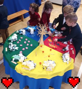 Dzieci układają opowieść montessoriańską