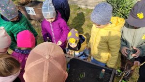 Dzieci obseserwują wiosenny ogródek